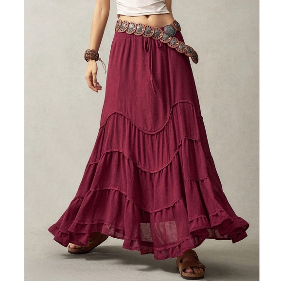 Plus Solid Stretchy Drawstring Waist Ruffle Hem Maxi Skirt - Picture 6 of 7